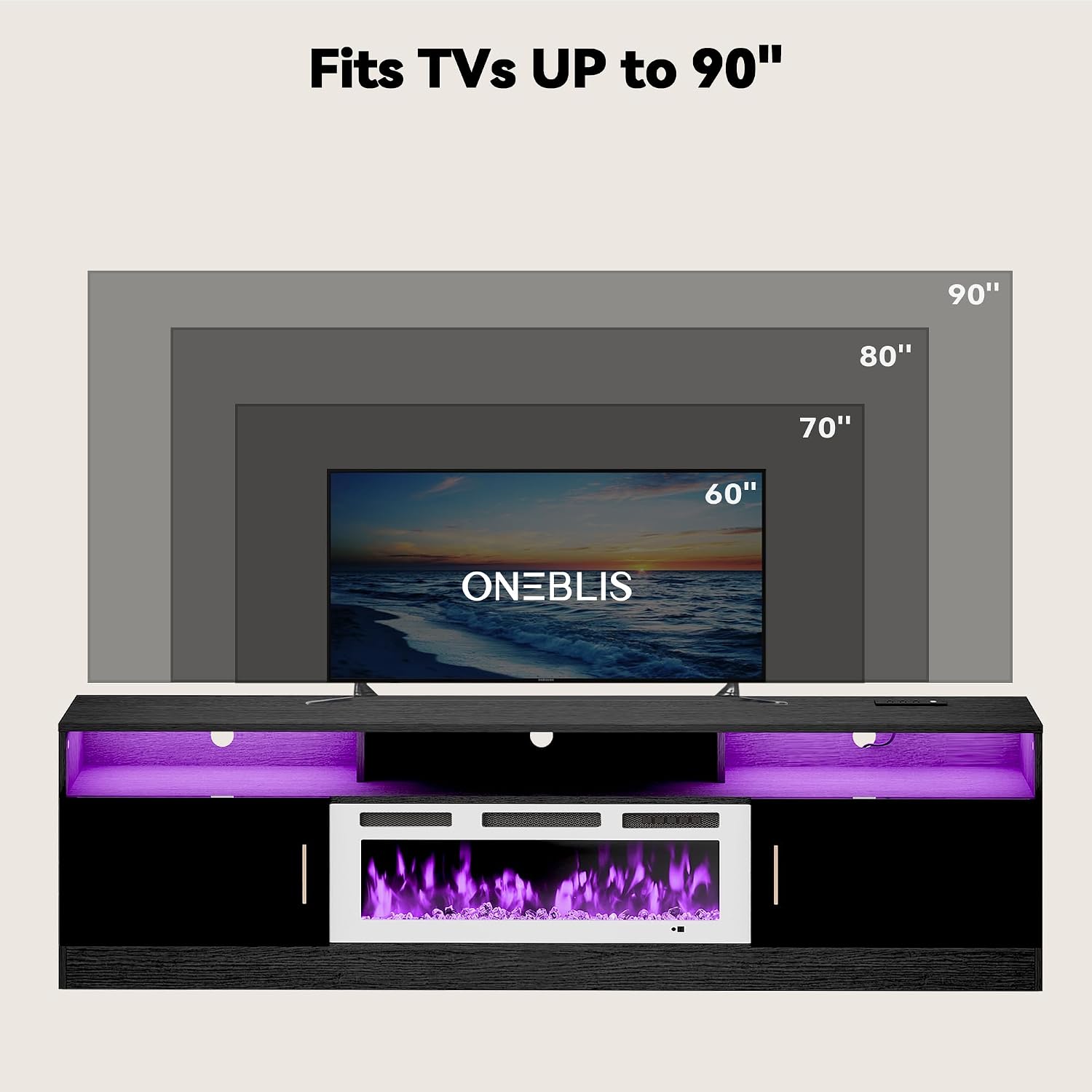 80' Fireplace TV Stand with Power Outlet, Electric Fireplace Entertainment Center with Storage Cabinets, Fits TVs up to 90', TV Console with LED Lights for Living Room, Office, Black-White