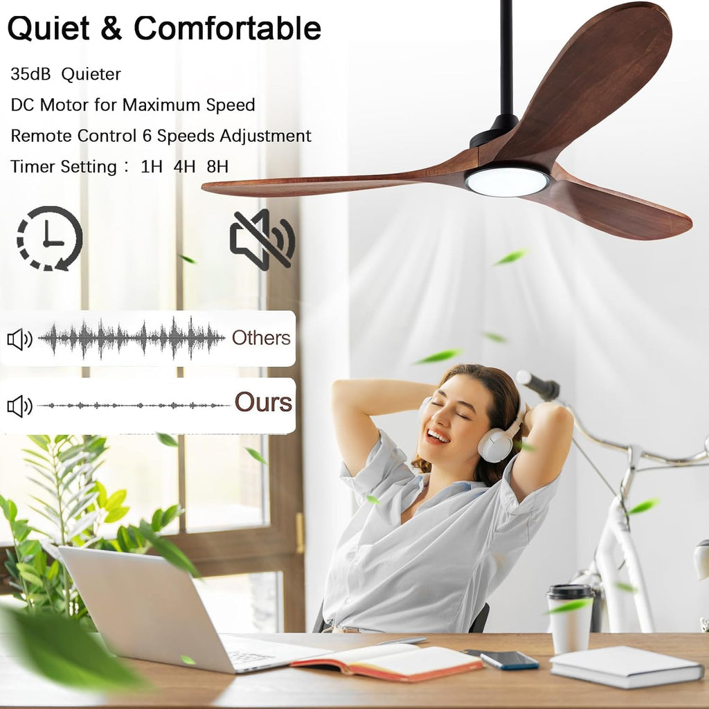 QUTWOB 52' Wood Ceiling Fans with Lights and Remote Control,Indoor Outdoor 3 Blades Wooden Ceiling Fan for Garage,Patio,Living Rooms,Bedrooms,Offices,Farmhouse(Black+Dark Walnut)