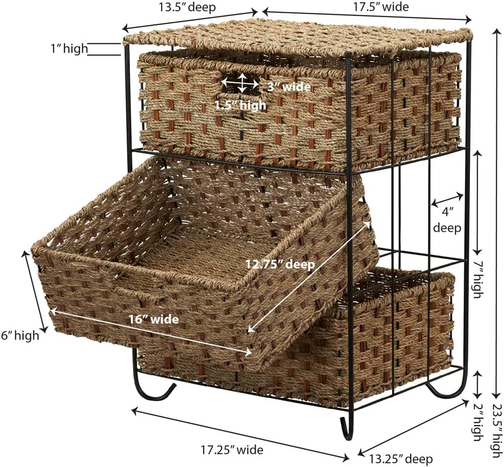 Household Essentials 3 Drawer Wicker Storage Unit with Handwoven Seagrass and Curved Metal Feet, Natural Finish