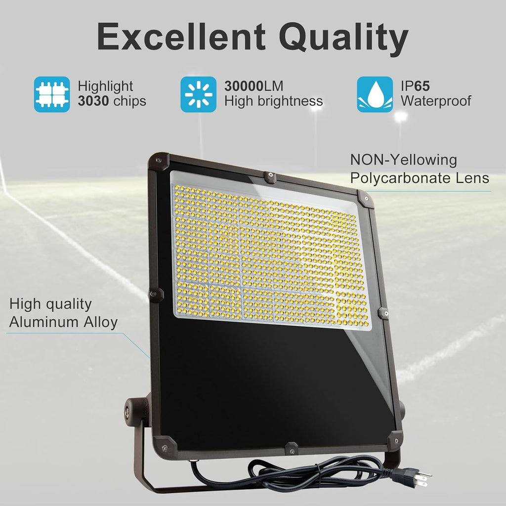 200W LED Flood Light Outdoor 30000Lm Led Stadium Light with Dusk to Dawn photocell, IP65 AC100-277V Commercial Area Lighting with Plug for Backyard/Basketball Court-2Pack