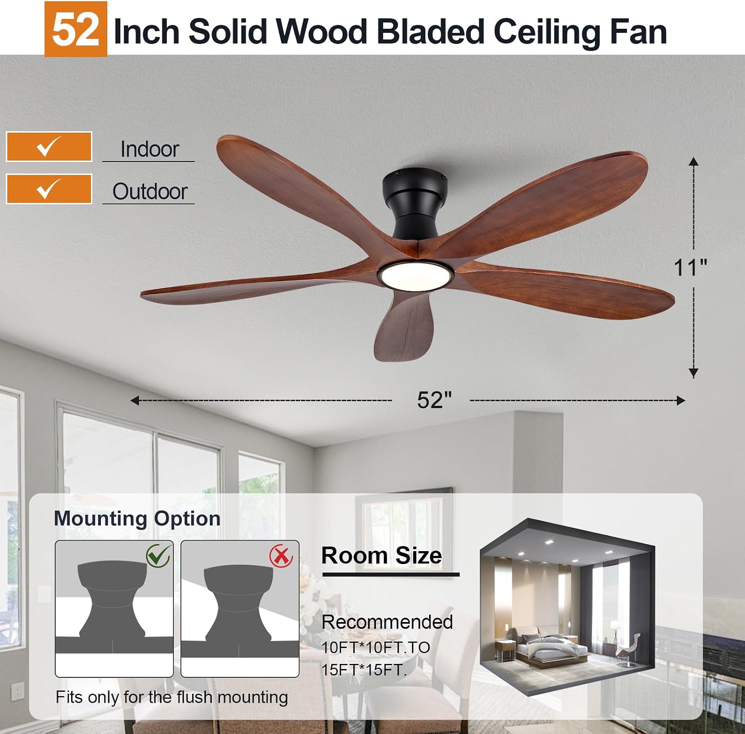 52 Inch Flush Mount Ceiling Fans with Lights and Remote, Dimmable 5 Blade Wood Outdoor Ceiling Fan Outdoor Fans for Patios Low Profile Modern Ceiling Fan with Light for Bedroom Living Room