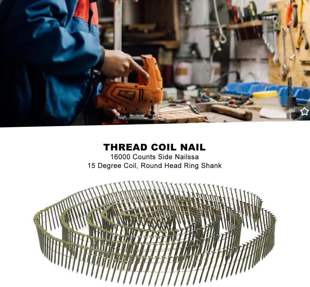 16000 Roofing Nails, 40 Rolls Coil Siding Nailer, 15 Degree Round Head Ring Shank Nails, 2.1x38mm Wire Coil Siding Nails