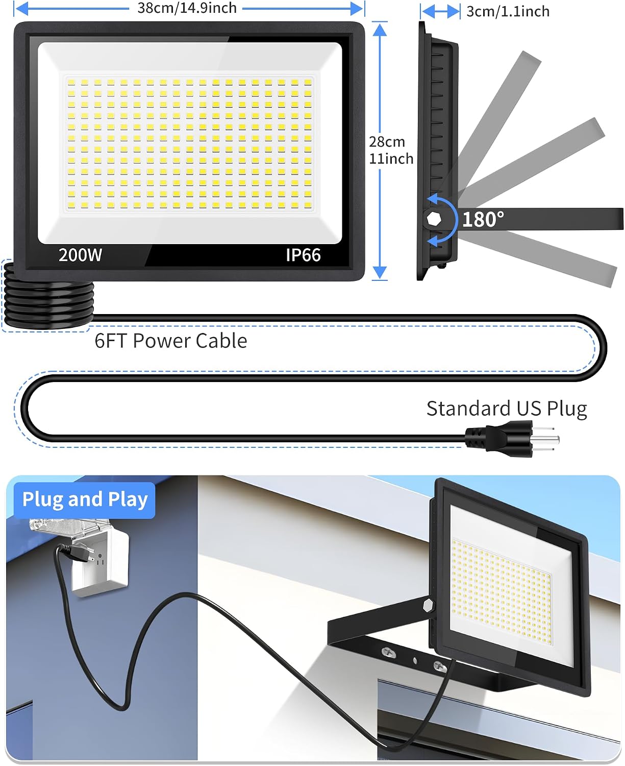 ISUERFY 4Pack 200W LED Flood Light Outdoor with Plug, 24000Lm Super Brighter Security Light, IP66 Waterproof LED Worklight, 5000K Daylight White Exterior Floodlight for Yard Garden Garage Stadium