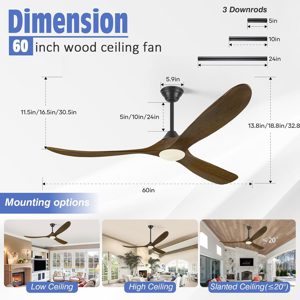 60 Inch Outdoor Ceiling Fan with Light, Smart Ceiling Fans with Wifi Alexa/Remote/APP Control, 3 Walnut Wood Propeller Blade, Rustic Farmhouse, Quiet DC Motor, for Indoor Exterior Patios Porch Garage