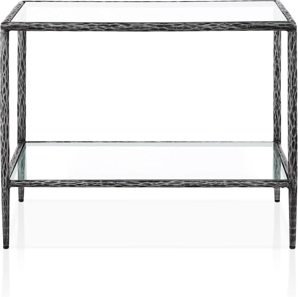 24/7 Shop at Home Lalia Hammered Metal 2-Piece Bedroom Collection, Upholstered Bed Frame with Beige Fabric Headboard, Forged Steel and 1-Shelf Nightstand, Foundation Required, Queen, Matte Grey