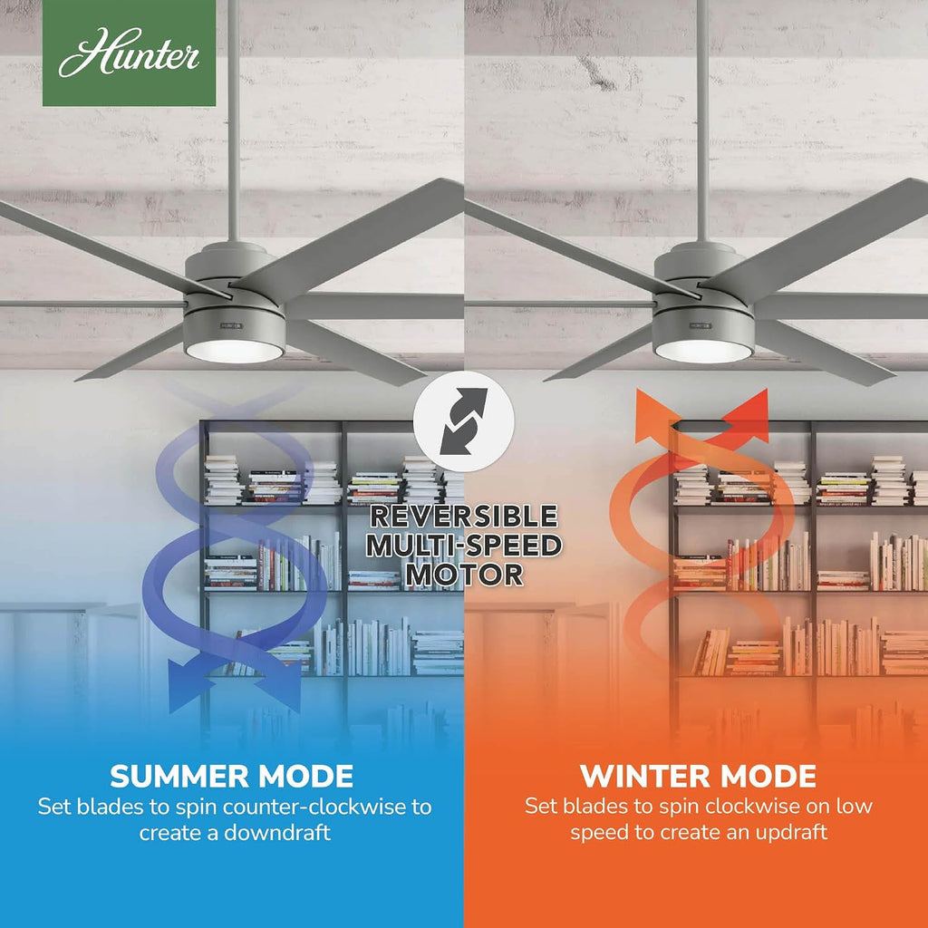 Hunter 72 inch Outdoor or Indoor Ceiling Fan with LED Light - Ceiling Fan with Wall Control, For Patio, Garage, or Porch, Quiet, Standard Mount, 6 Blades - Solaria 59629, Matte Silver