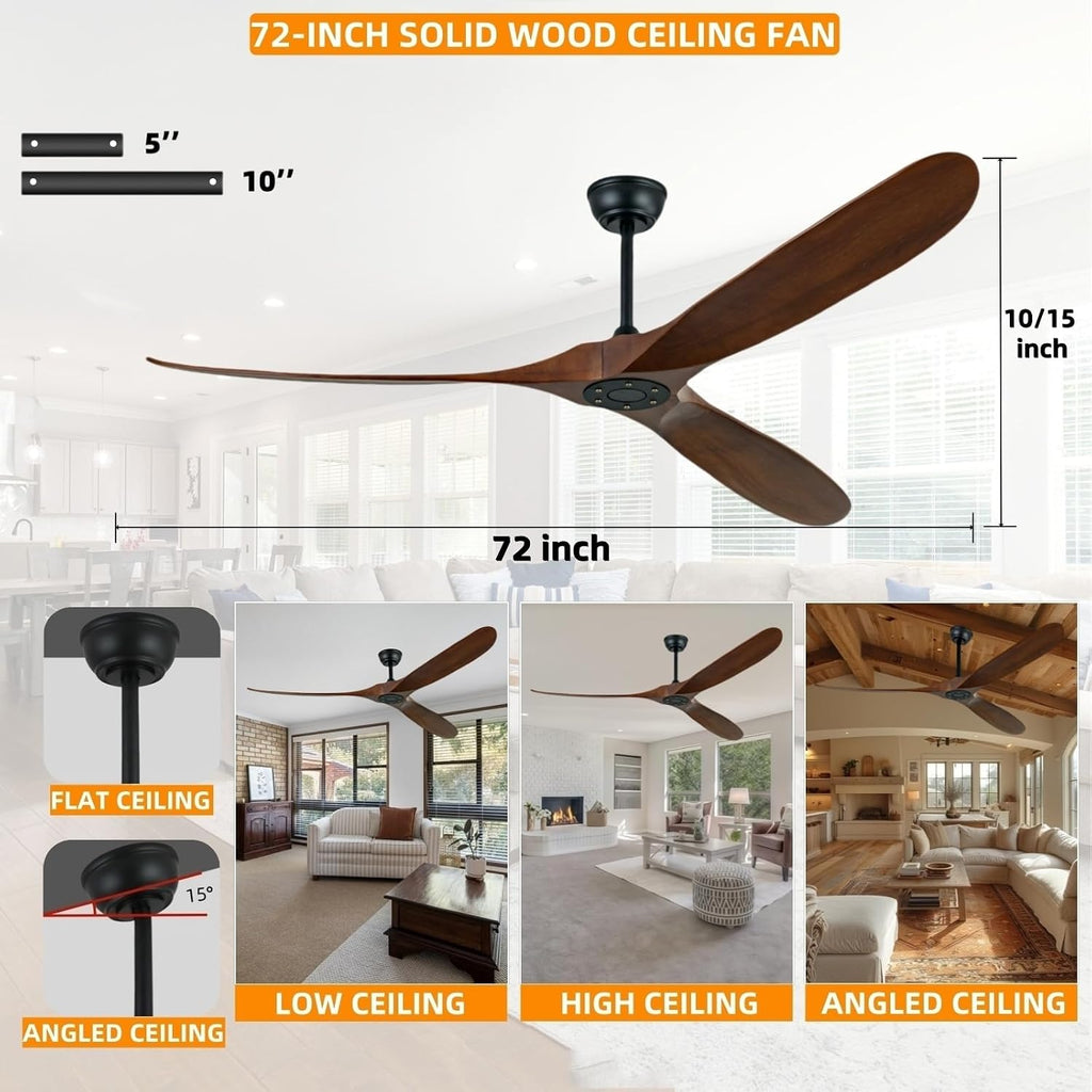 72 inch Ceiling Fan Without Light, 3 Solid Wood Blades and Remote Control, Modern Ceiling Fan No Light, Suitable for Terrace, Living Room, Farmhouse,Dining Room, Bedroom
