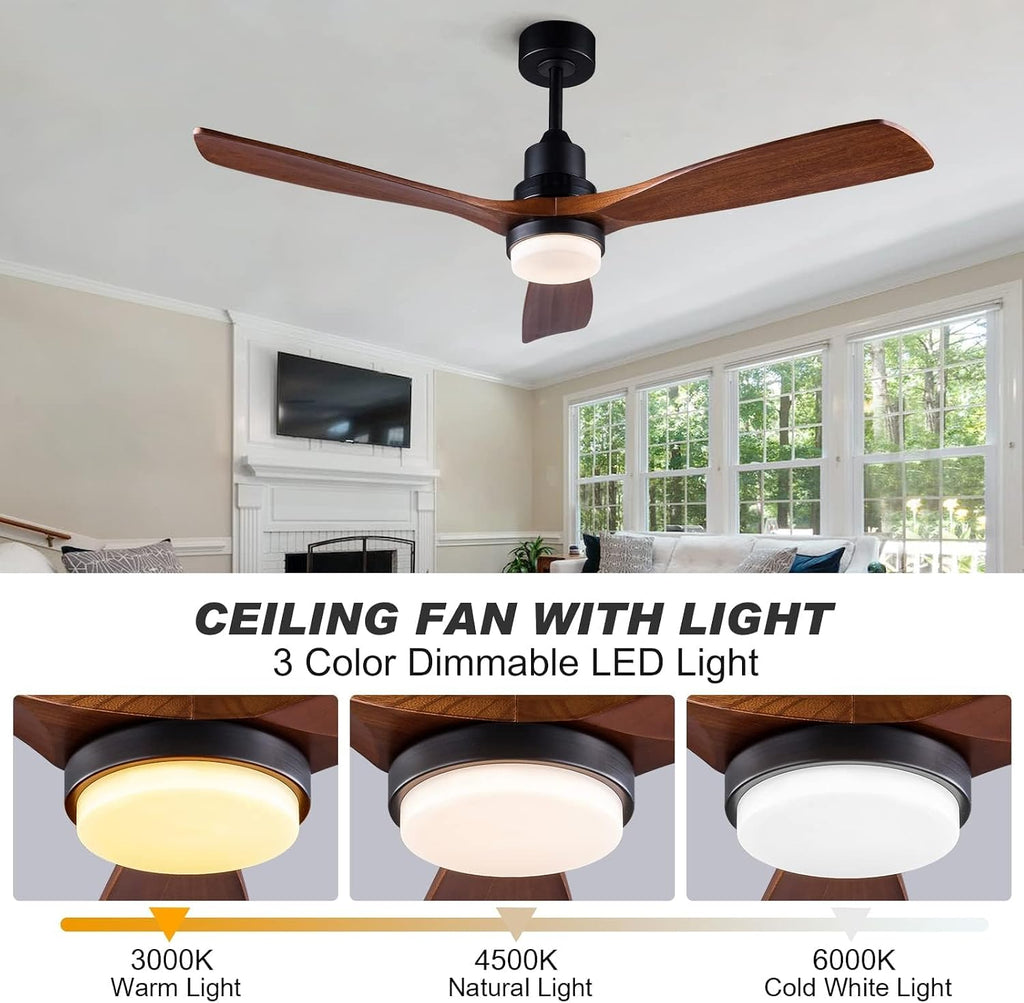52 Inch Ceiling Fan with Lights Remote Control, 3 Blade wood ceiling fan,Quiet DC Motor Mordern Ceiling Fan, Indoor Outdoor Ceiliang Fans for Patios Bedroom Living Room