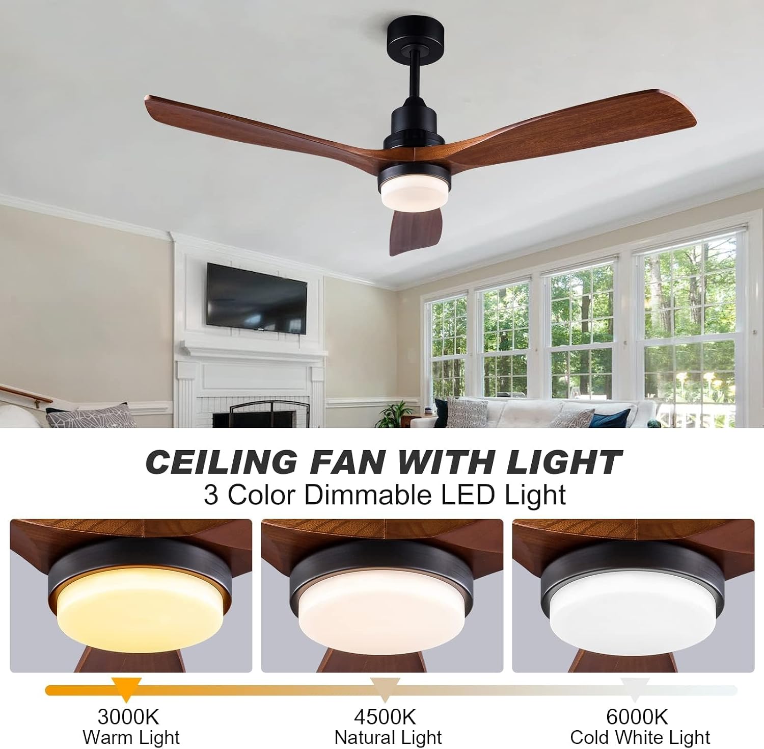 52 Inch Ceiling Fan with Lights Remote Control, 3 Blade wood ceiling fan,Quiet DC Motor Mordern Ceiling Fan, Indoor Outdoor Ceiliang Fans for Patios Bedroom Living Room
