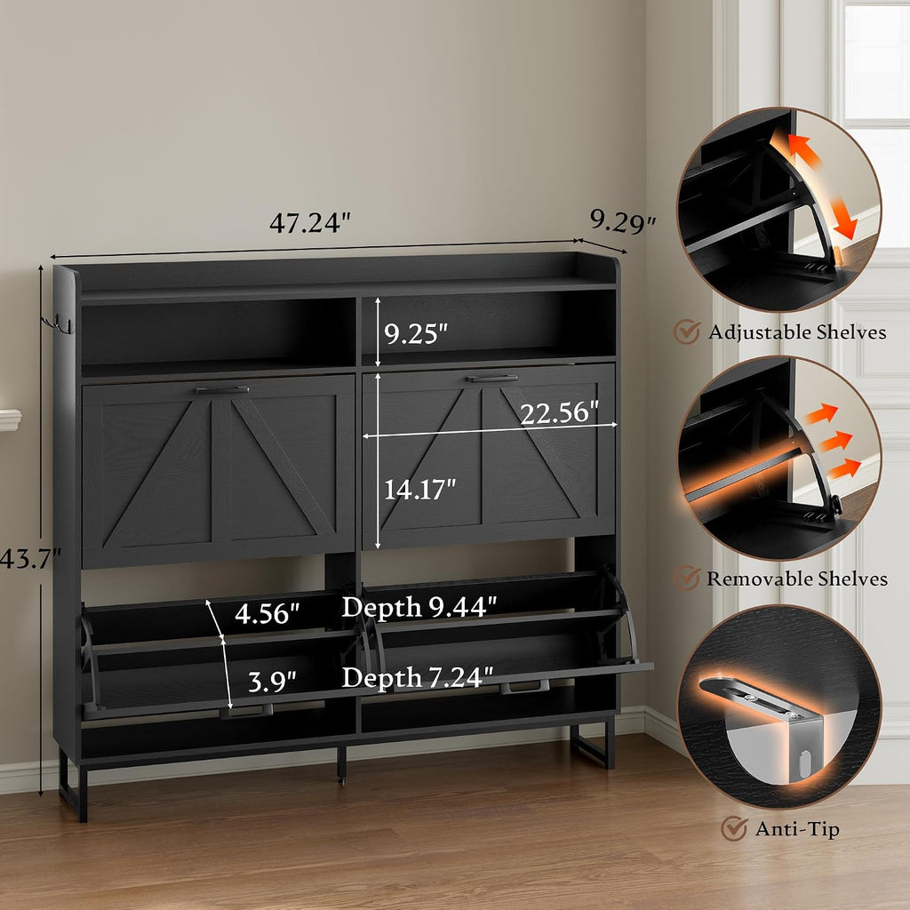BORNOON Shoe Cabinet with 4 Flip Drawers Narrow Shoe Storage Cabinet Organizer Wooden Freestanding Shoe Rack Hidden Slim Shoes Storage Cabinet for Entryway, Hallway, Living Room, Bedroom