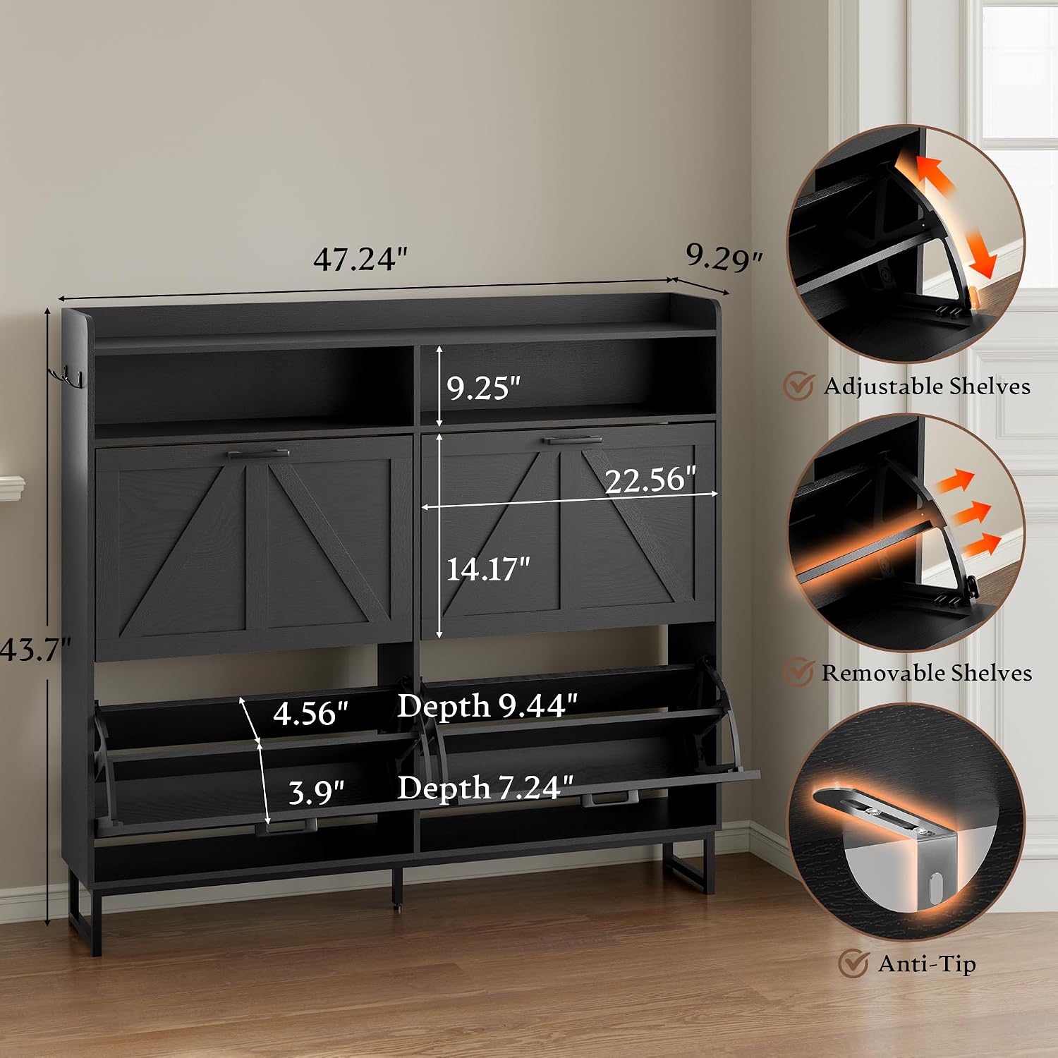 BORNOON Shoe Cabinet with 4 Flip Drawers Narrow Shoe Storage Cabinet Organizer Wooden Freestanding Shoe Rack Hidden Slim Shoes Storage Cabinet for Entryway, Hallway, Living Room, Bedroom