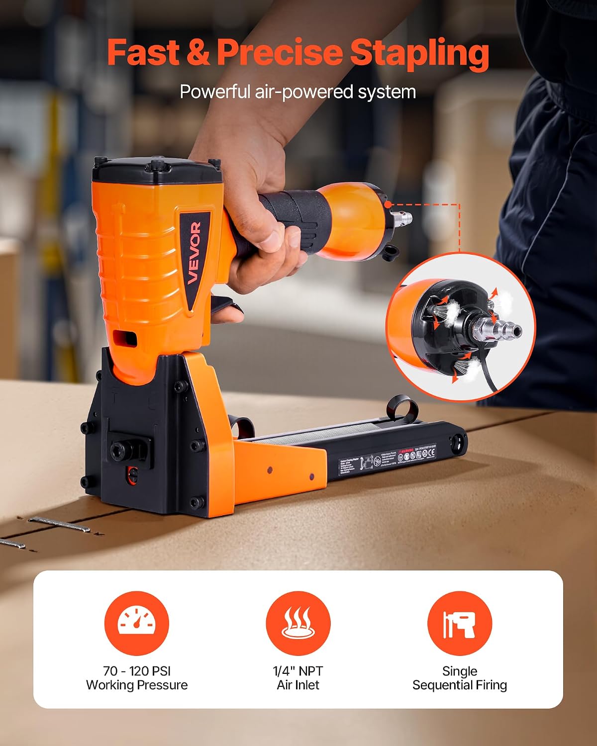 VEVOR Pneumatic Carton Closing Stapler, 13 Gauge Pneumatic Cardboard Staple Gun for 1-3/8 inch Crown 5/8' & 3/4' Length, Depth-Adjustable 70-120 PSI Air Staple Gun for Boxes Carton Closing, Packaging