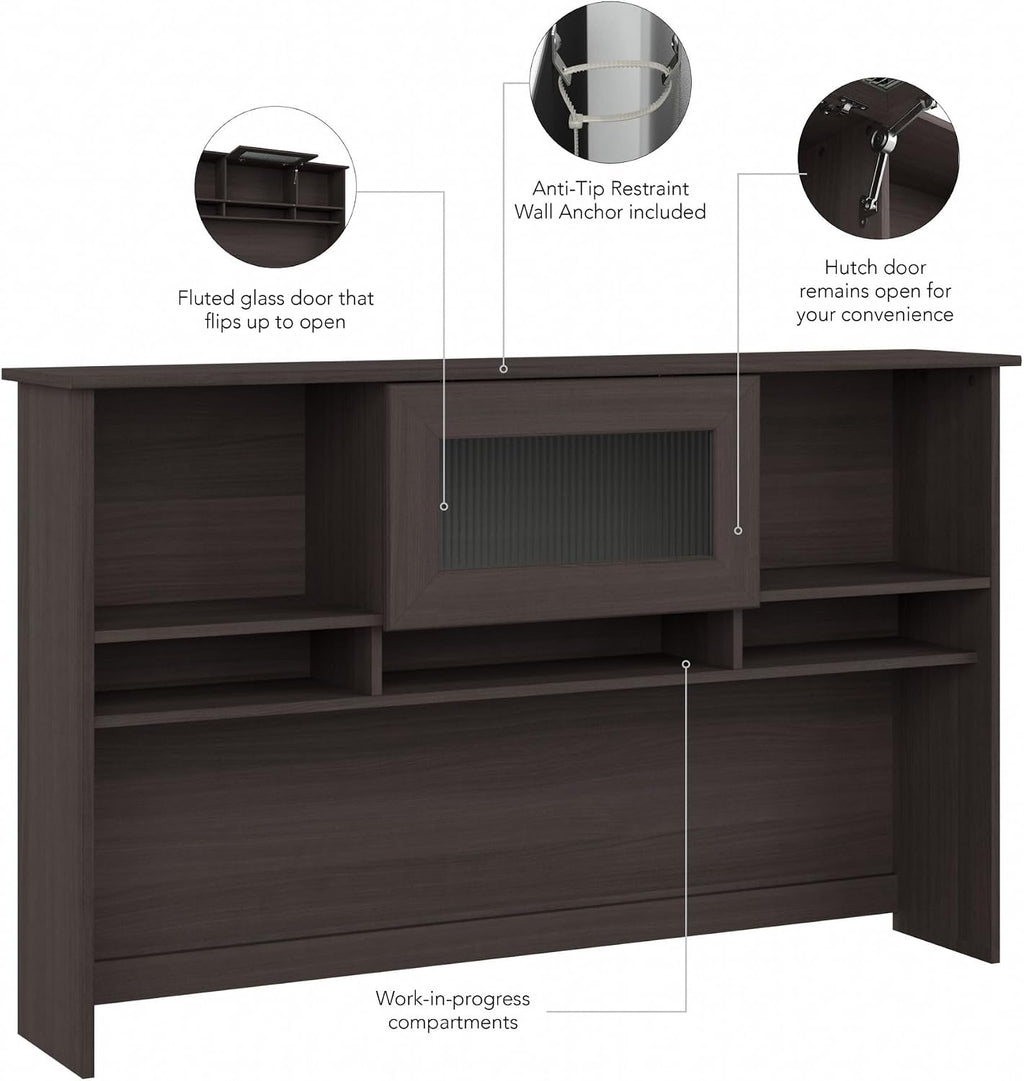 Bush Home Cabot 60W Desk Hutch in Heather Gray, Attachment with Shelves and Cabinet for Home Office