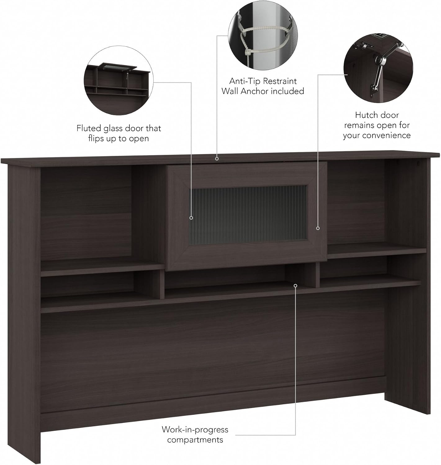 Bush Home Cabot 60W Desk Hutch in Heather Gray, Attachment with Shelves and Cabinet for Home Office