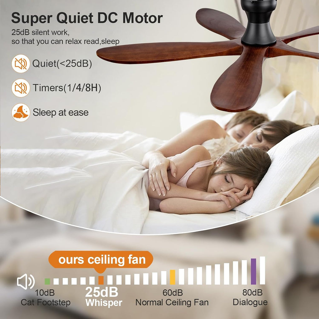 52 Inch Flush Mount Ceiling Fans with Lights and Remote, Dimmable 5 Blade Wood Outdoor Ceiling Fan Outdoor Fans for Patios Low Profile Modern Ceiling Fan with Light for Bedroom Living Room