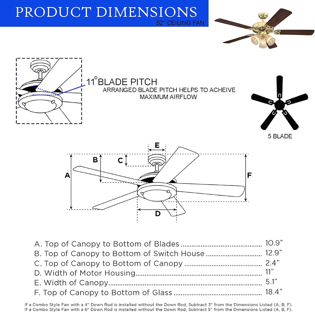 Ciata Lighting 52 Inch Vintage Indoor Ceiling Fan with Dimmable LED Light Fixture and Clear Ribbed Glass in Polished Brass Finish with Reversible Walnut/Oak Blades