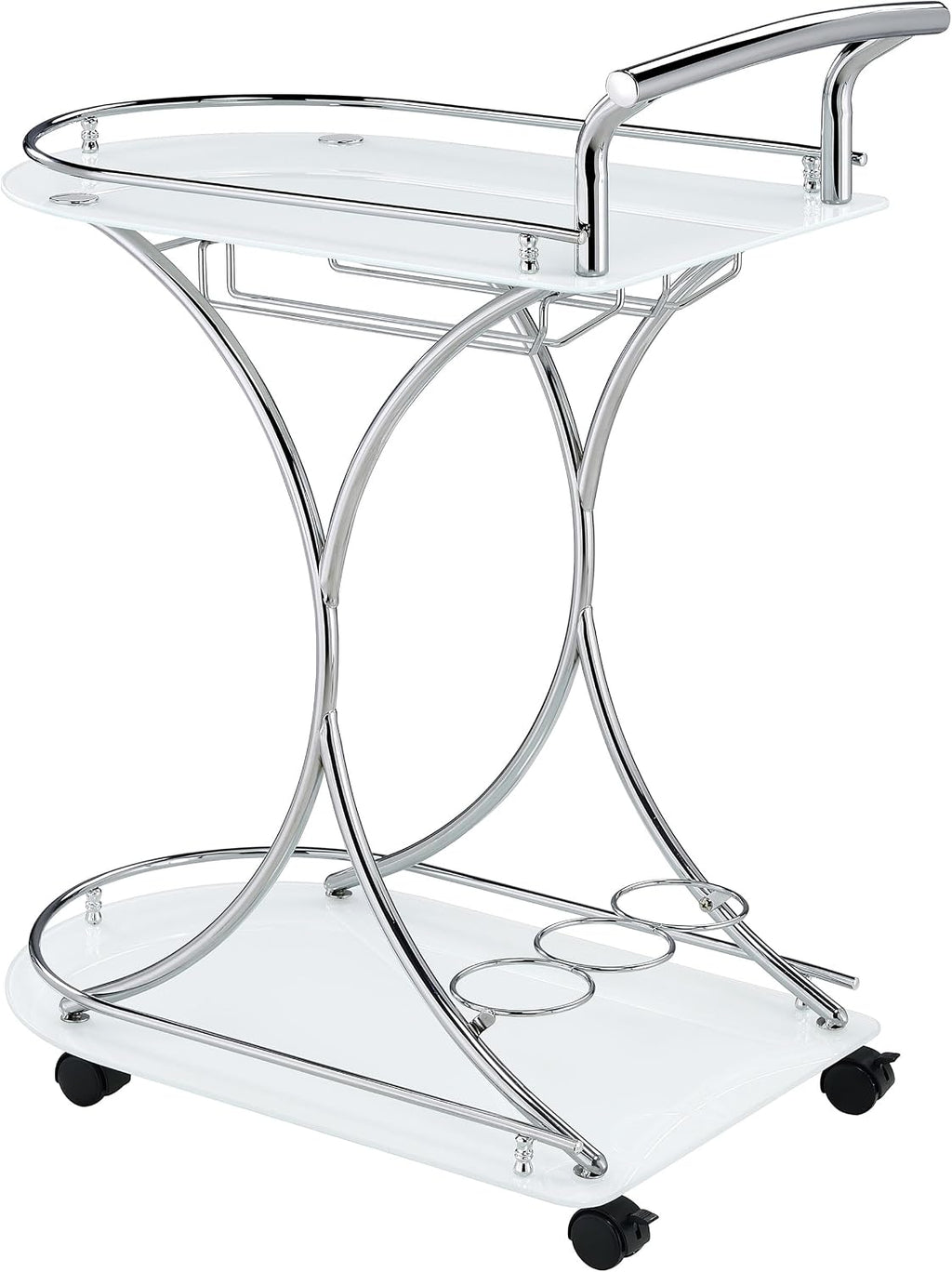 Coaster Home Furnishings Elfman 2-Tier Glass Shelf Metal Bar Cart White and Chrome 910002