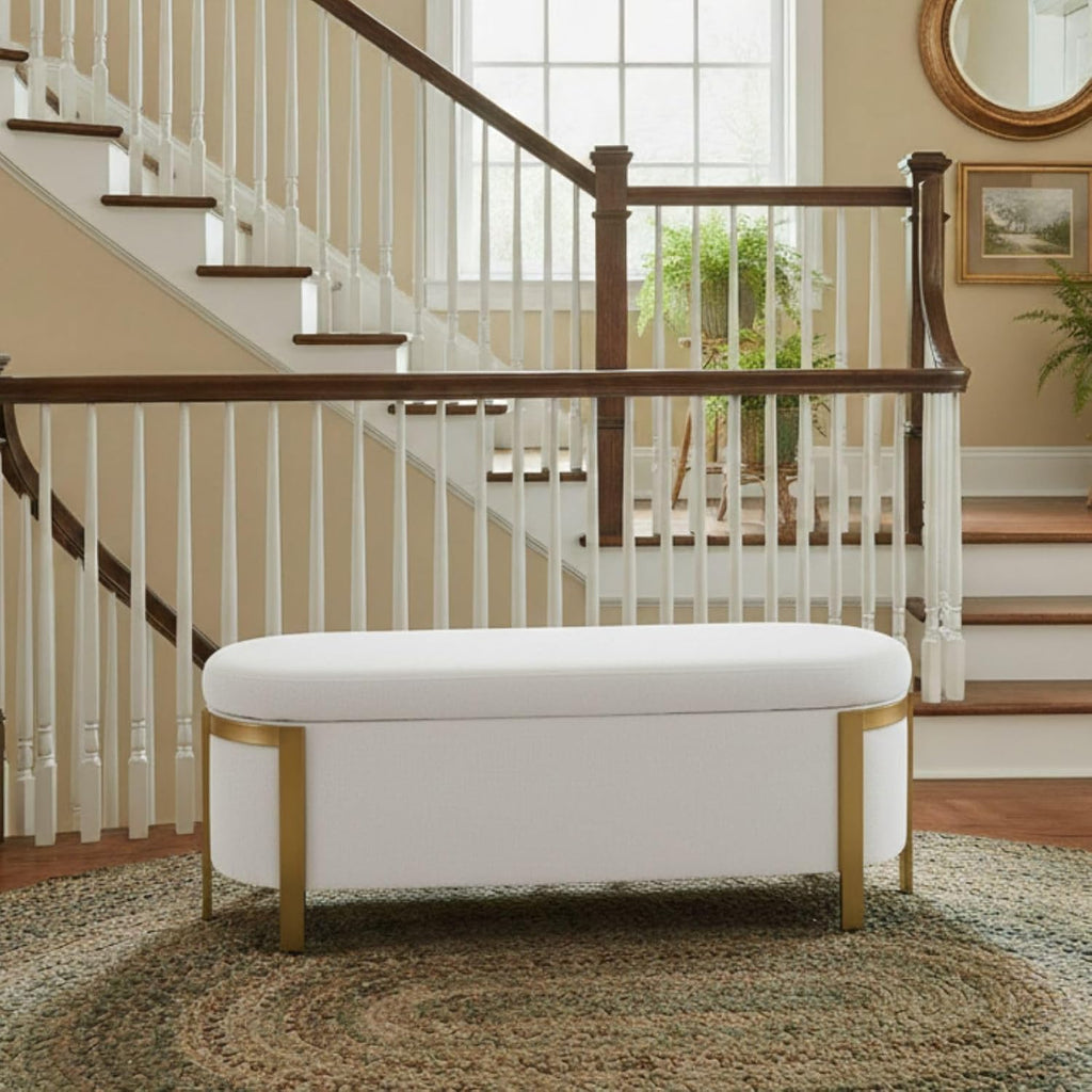 Hyfirm 48' Storage Ottoman Bench – White Chenille Upholstered Footrest with Gold Legs, Long Oval Padded Stool for Bedroom, End of Bed, Living Room, Entryway, Hallway