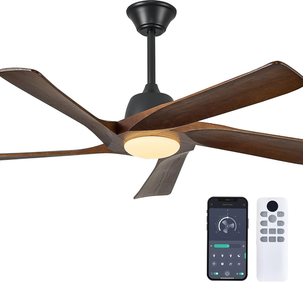 52' DC Ceiling Fan with Light, 5 Solid Wood Blades, Remote and APP Control, 3-color Dimmable, 6-speed Reversible, Quiet Ceiling Fan for Bedroom, Living Room, Dark Walnut