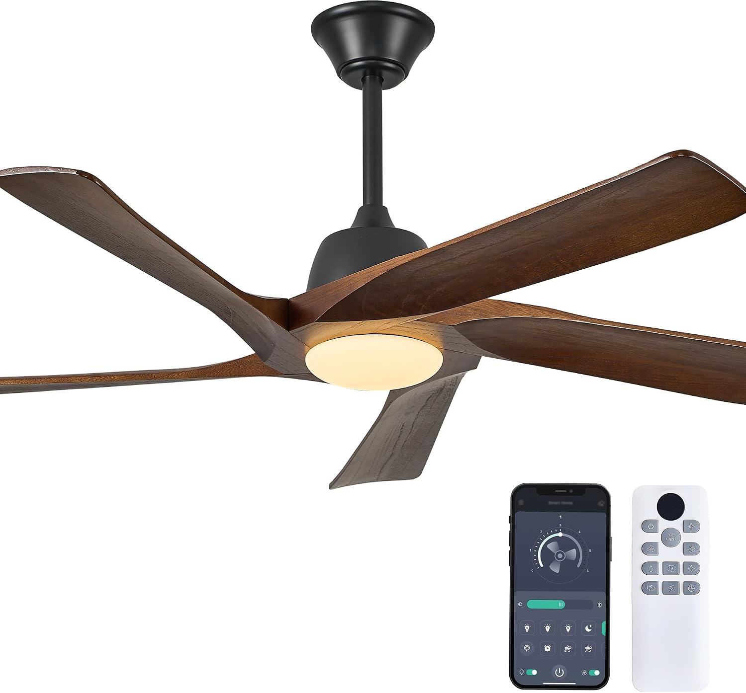 52' DC Ceiling Fan with Light, 5 Solid Wood Blades, Remote and APP Control, 3-color Dimmable, 6-speed Reversible, Quiet Ceiling Fan for Bedroom, Living Room, Dark Walnut