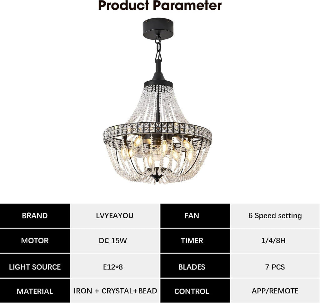 20 inch Crystal Chandelier with Ceiling Fan, Remote & App Control, Reversible DC Motor, French Empire Fandelier for Dining Room, Bedroom, Kitchen