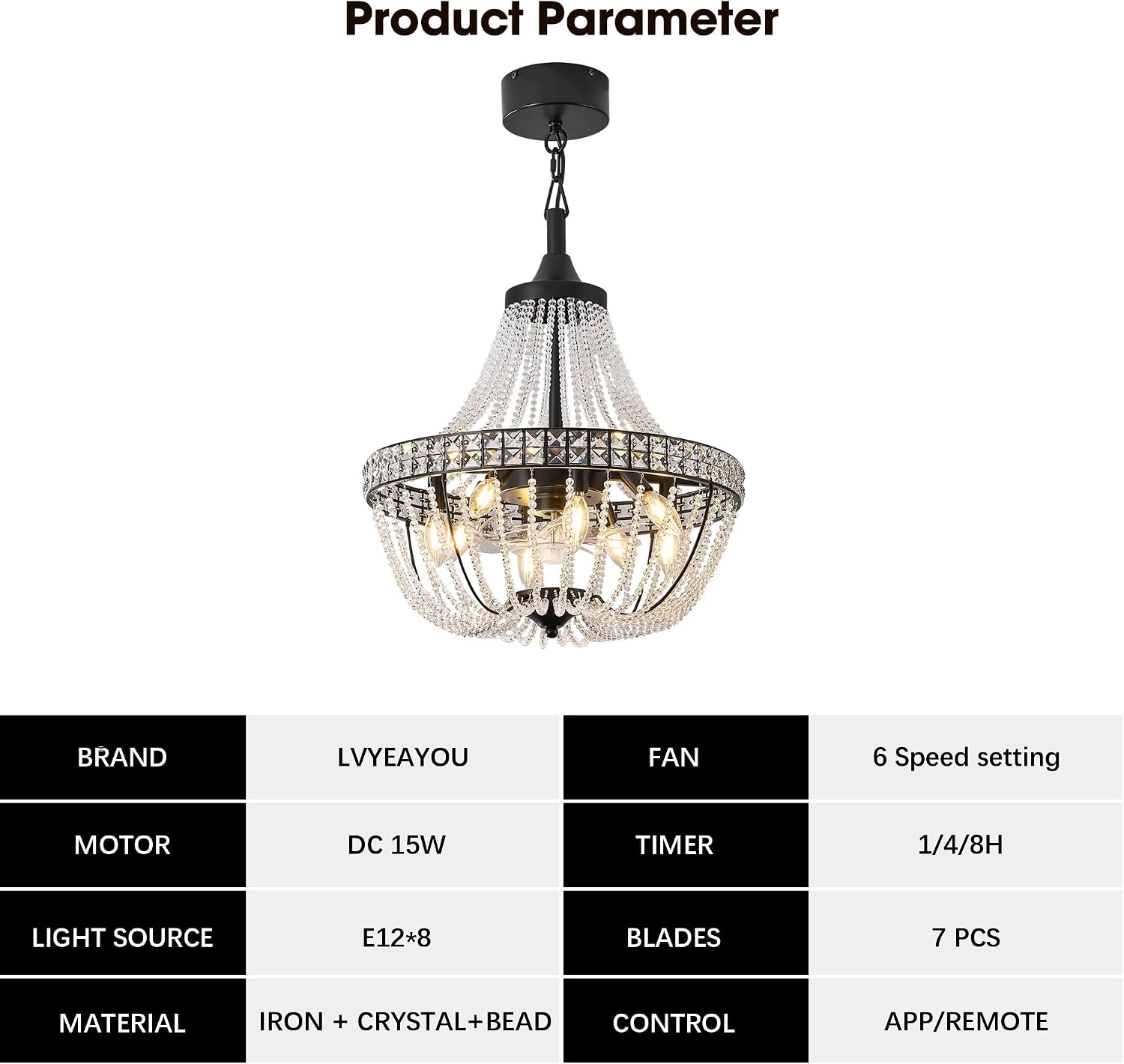 20 inch Crystal Chandelier with Ceiling Fan, Remote & App Control, Reversible DC Motor, French Empire Fandelier for Dining Room, Bedroom, Kitchen