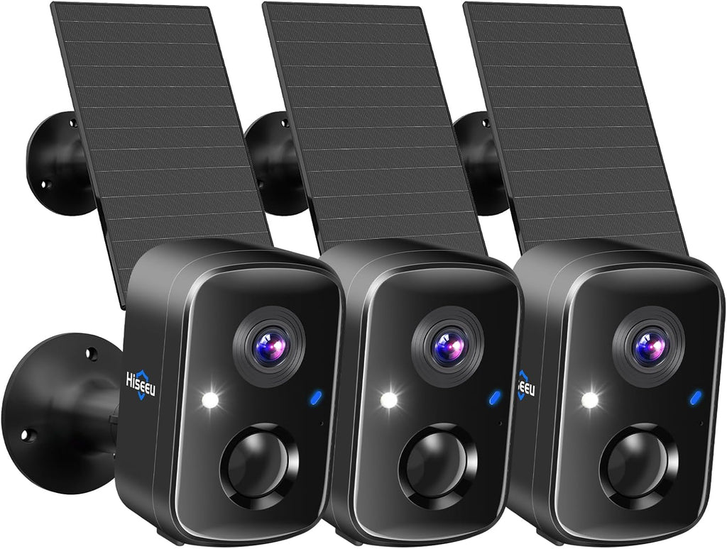Hiseeu Security Cameras Wireless Outdoor, 3pcs Solar Powered 3K 4MP Surveillance WiFi Cameras for Home Security Outside, PIR/AI Motion Detection, Waterproof, Color Night Vision, 2-Way Audio, Black