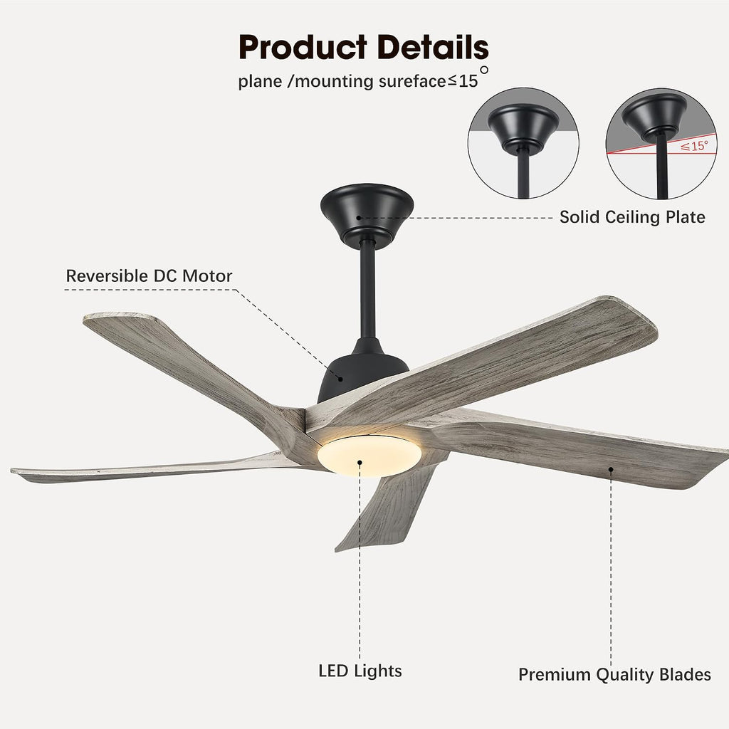 52 Inch Solid Wood Ceiling Fan with Lights, Remote and APP Control, 3-color Dimmable LED, DC Motor, 6-speed Reversible, Modern Ceiling Fans for Bedroom, Living Room, Greywood