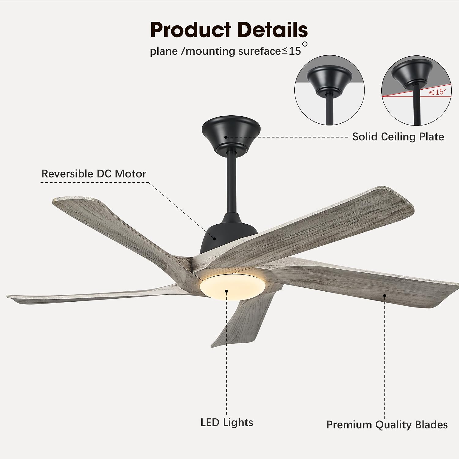 52 Inch Solid Wood Ceiling Fan with Lights, Remote and APP Control, 3-color Dimmable LED, DC Motor, 6-speed Reversible, Modern Ceiling Fans for Bedroom, Living Room, Greywood