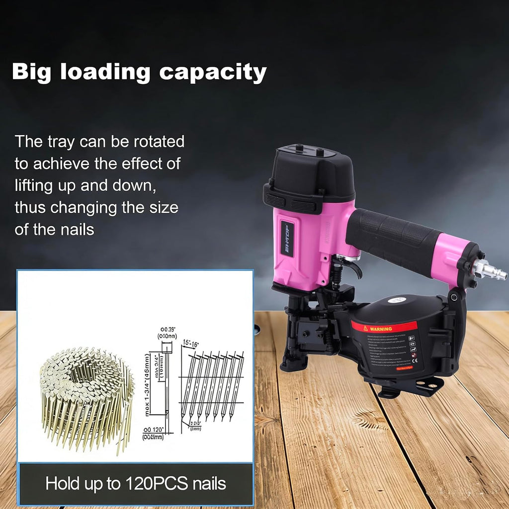 CN45N Roofing Nailer, 15 Degree Roofing Nail Gun, 3/4-Inch to 1-3/4-Inch Coil Nails, 120-pcs Load Capacity Coil Nailer in Pink