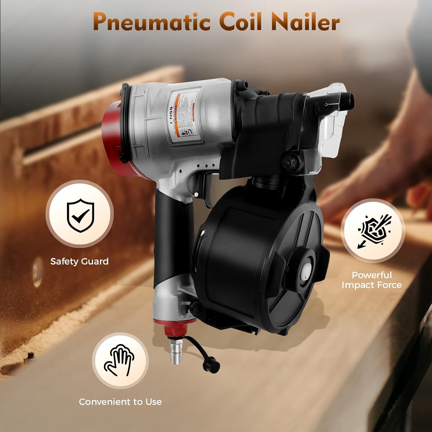 CN55 Air Coil Nailer, 25-57mm Siding Coil Nailer Pneumatic Coil Framing Nailer 300-350pcs Load Capacity Coil Nailer Coil Nail Gun for Pallet Crating Framing Fencing