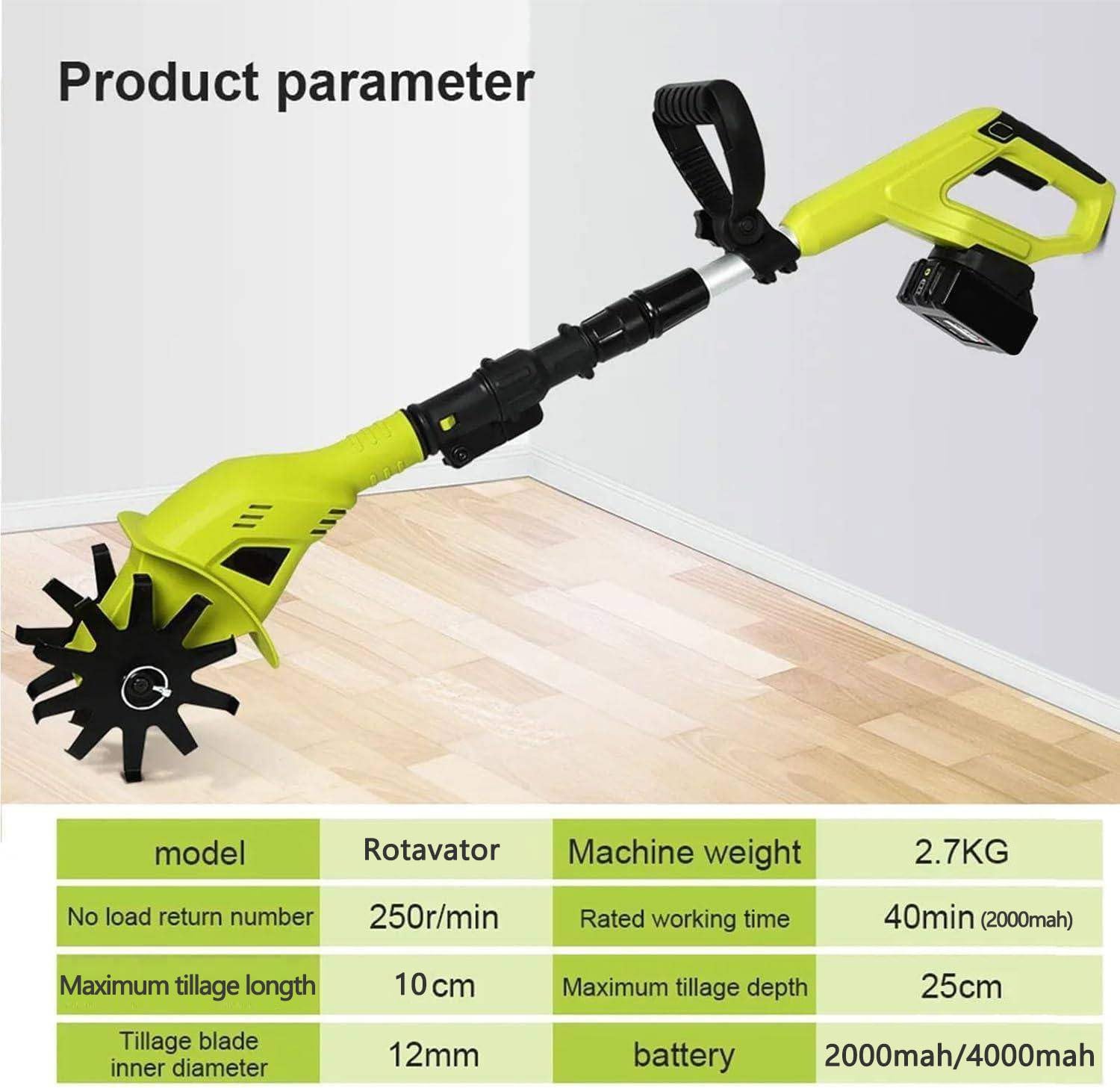 Cordless Tiller Cultivator 20V 250RPM Electric Tiller Handheld Battery Powered Garden Cultivator w/Telescopic Rod 97-127cm for Lawn,Farms,Yard(Cultivation Width 3.94'/Depth: 9.84'),2batteries