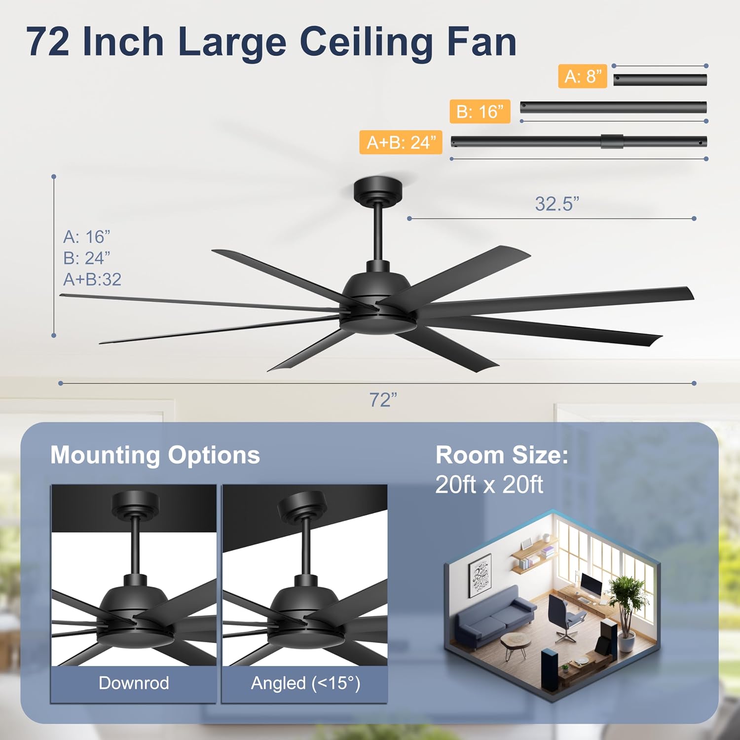 72'' Ceiling Fan no Light - Remote & APP Control, 6 Speed Reversible DC Motor Covered Outdoor Fan for Patio, Shop, Garage, Black without Light