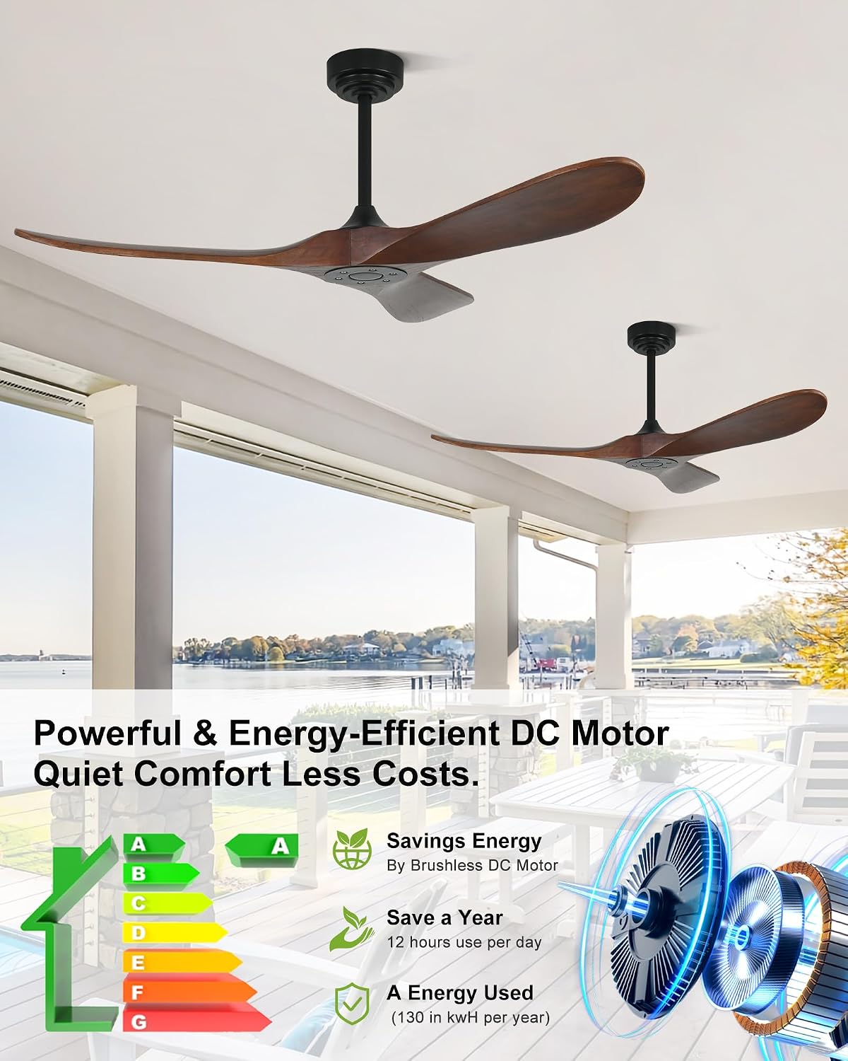 52 Inch Outdoor Ceiling Fan without Light, Smart Wood Ceiling Fan with Remote Control & Alexa/Google, 3 Blades High CFM for Patios Farmhouse Red Walnut