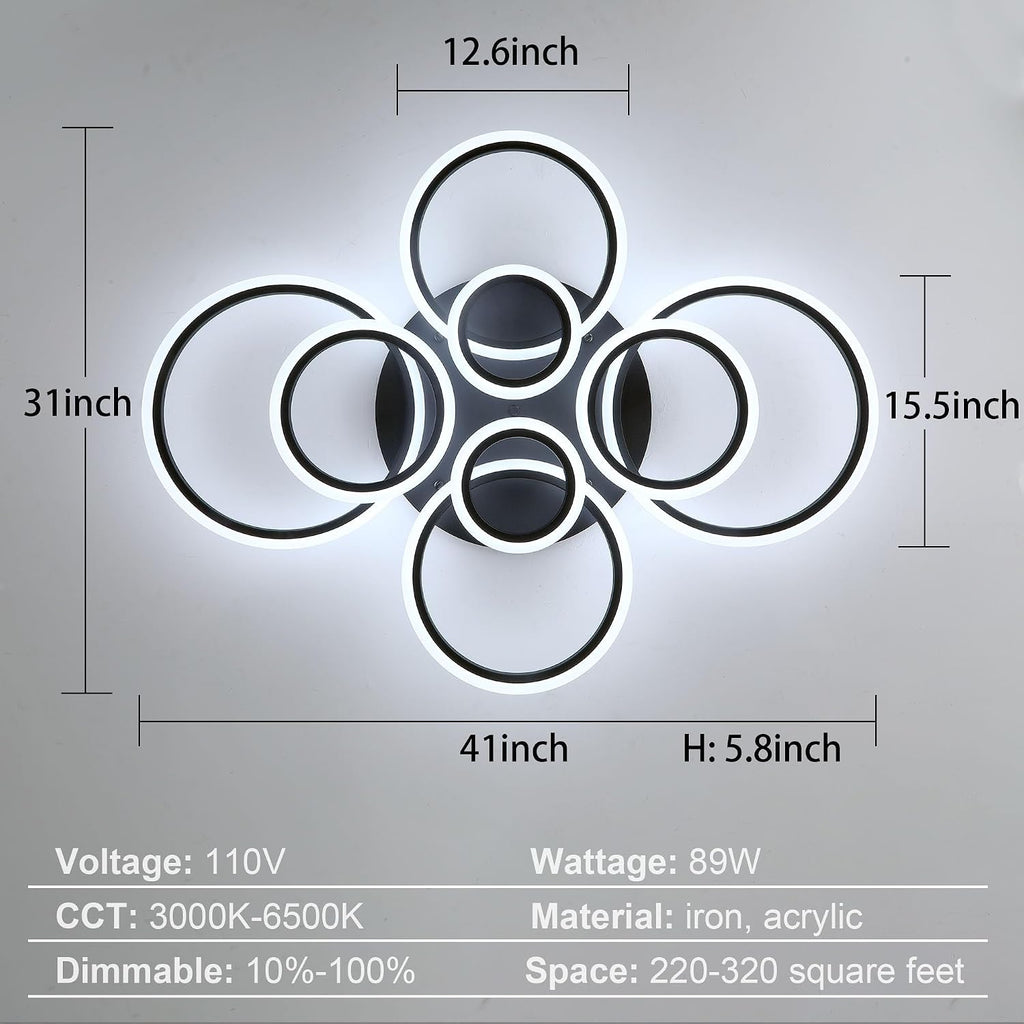 Modern LED Ceiling Light 41inch with Remote Dimmable 8 Ring Flush Mount Ceiling Light Fixture for Living Room Bedroom Kitchen Dining Room (Black)