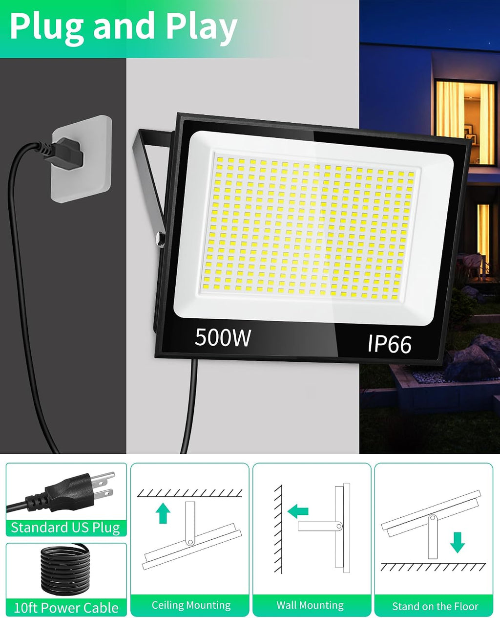 ISUERFY 500W LED Flood Light Outdoor with Plug+10ft Cable, 60000LM Ultra Brighter 5000K Exterior Security Light, IP66 Waterproof Commercial Lighting for Sports Fields Counts Arena Stadium(2 Pack)