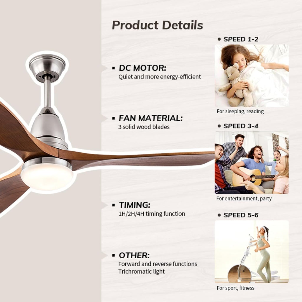 Solid Wood Ceiling Fan with Lights Modern Indoor Outdoor Ceiling Fan with Remote Control 6 Speed Quiet Reversible DC Motor 3 Color LED Light 3 Blade Walnut Ceiling Fan for Patio Living Room (48inch)