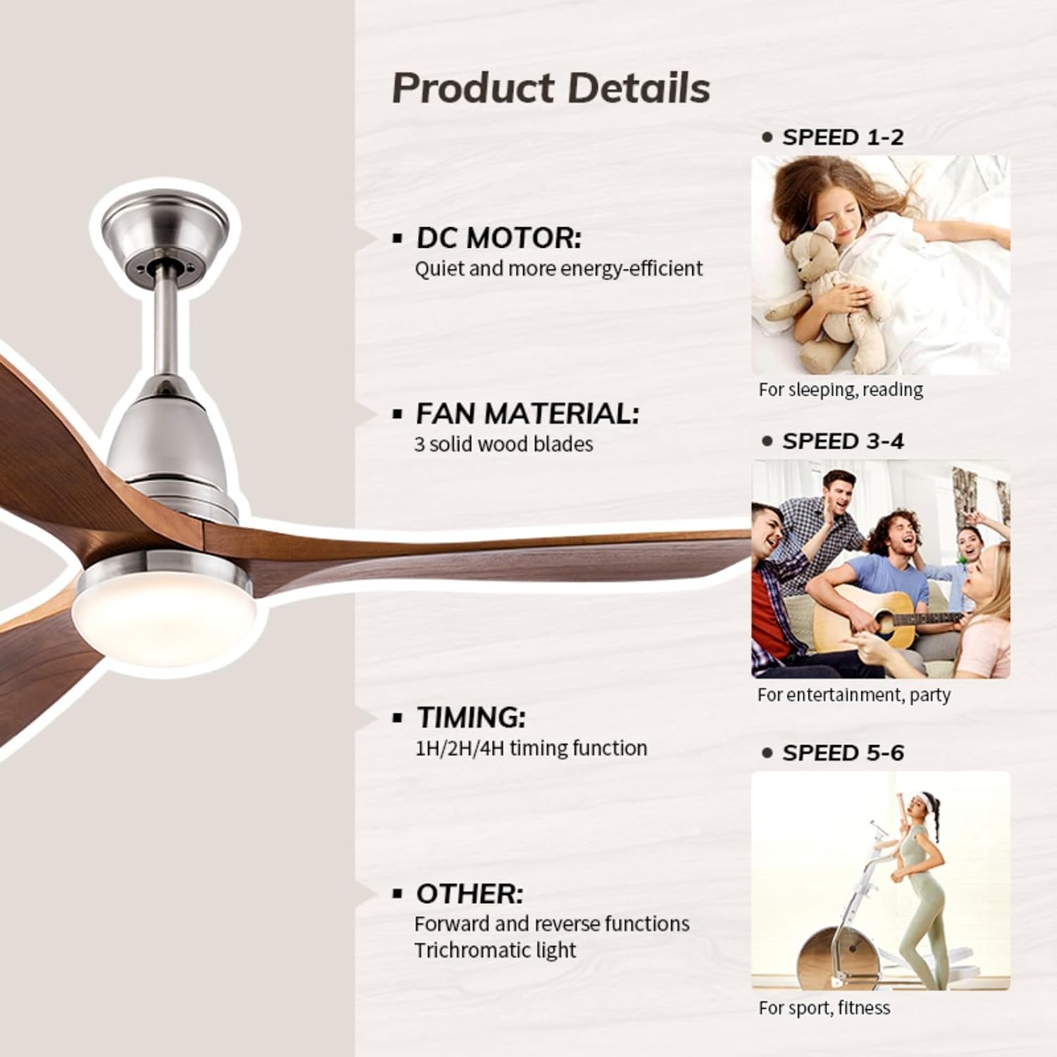 Solid Wood Ceiling Fan with Lights Modern Indoor Outdoor Ceiling Fan with Remote Control 6 Speed Quiet Reversible DC Motor 3 Color LED Light 3 Blade Walnut Ceiling Fan for Patio Living Room (48inch)
