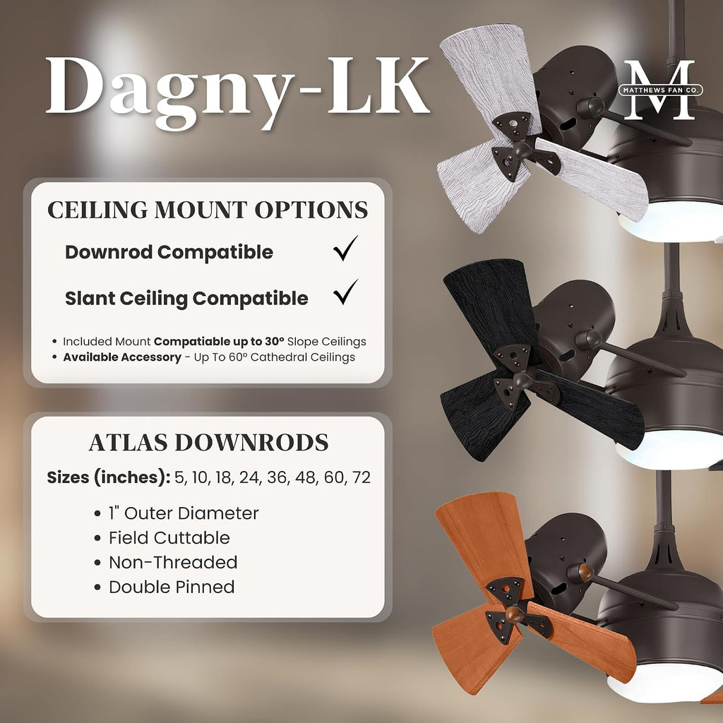 Matthews DGLK-BK-MTL Dagny LK Damp Rated 39' Dual Motor 360° Rotational Metal LED Ceiling Fan with Light & Remote, Matte Black