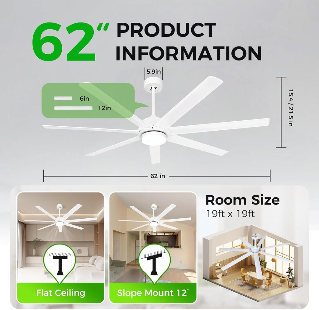 62 Inch Large Smart Ceiling Fan with Alexa or App,White Ceiling Fan with Light and Remote,6 Speed,3CCT,Quiet DC Motor Outdoor Fan for Patio or Bedroom