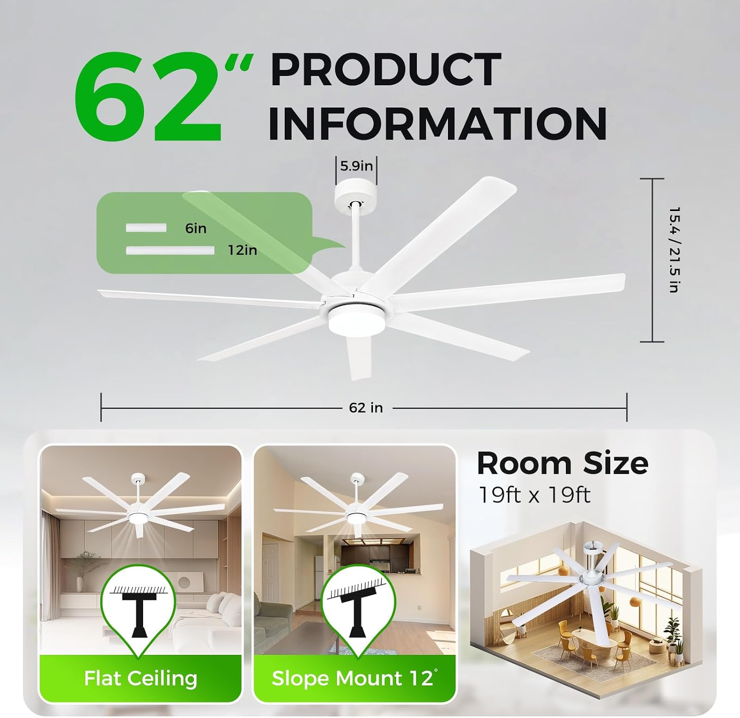62 Inch Large Smart Ceiling Fan with Alexa or App,White Ceiling Fan with Light and Remote,6 Speed,3CCT,Quiet DC Motor Outdoor Fan for Patio or Bedroom