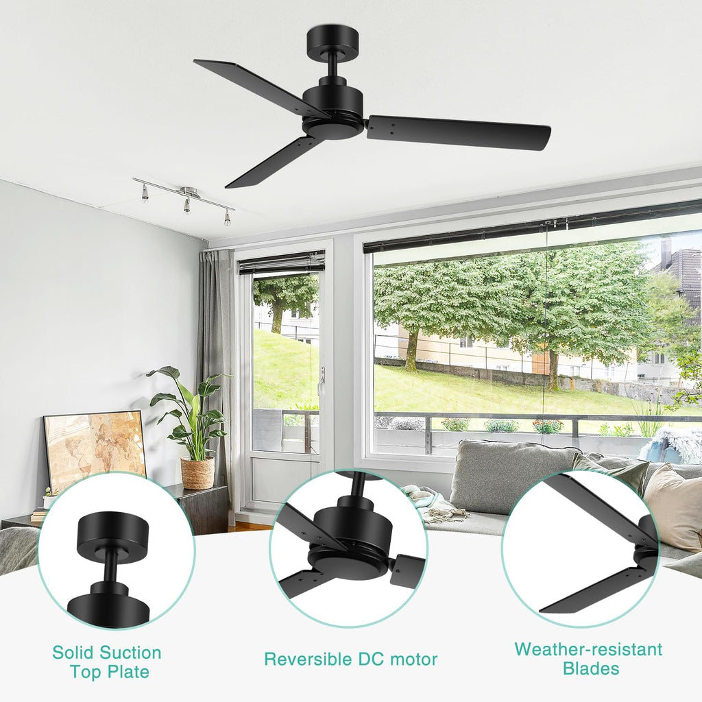 2 Pack 48 inch Ceiling Fans without Light, Black Ceiling Fan No Light with Quiet Reversible DC Motor, 6 Speeds, 3 Blades, Modern Ceiling Fans for Patio Living Room Bedroom Indoor