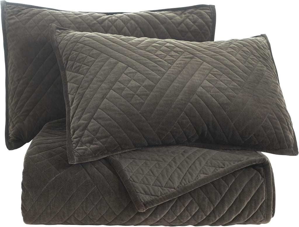 Superior 100% Cotton Velvet 3-Piece Quilt Set, 1 Lightweight Breathable Coverlet, 2 Pillow Shams, Comfy Home Essential Bedding, Cotton Fill, Geometric Aesthetic, Karina Collection, King Size, Grey