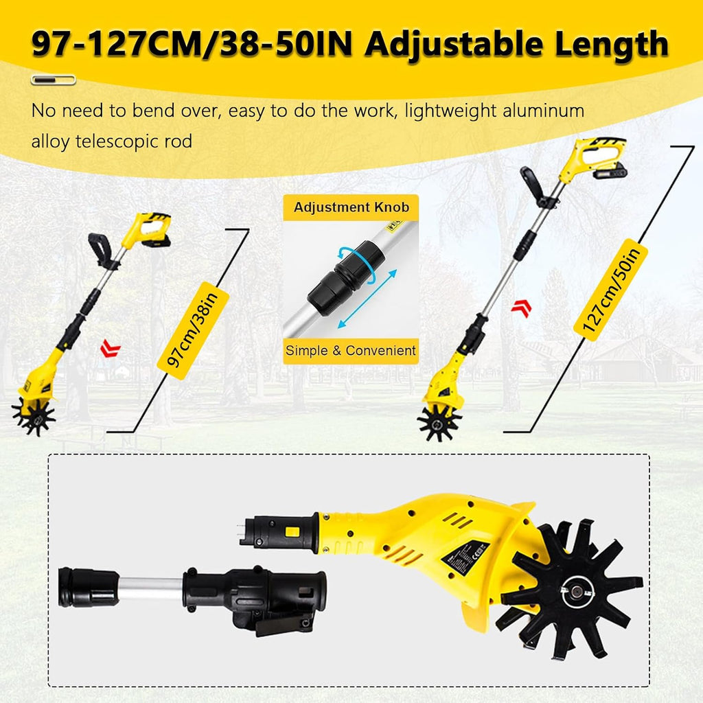 Garden Tiller, 250 RPM Electric Garden Rototiller with 97-127cm/38-50in Adjustable Length, Mini Tiller for Gardening/Soil Cultivation, Including Battery (Yellow)