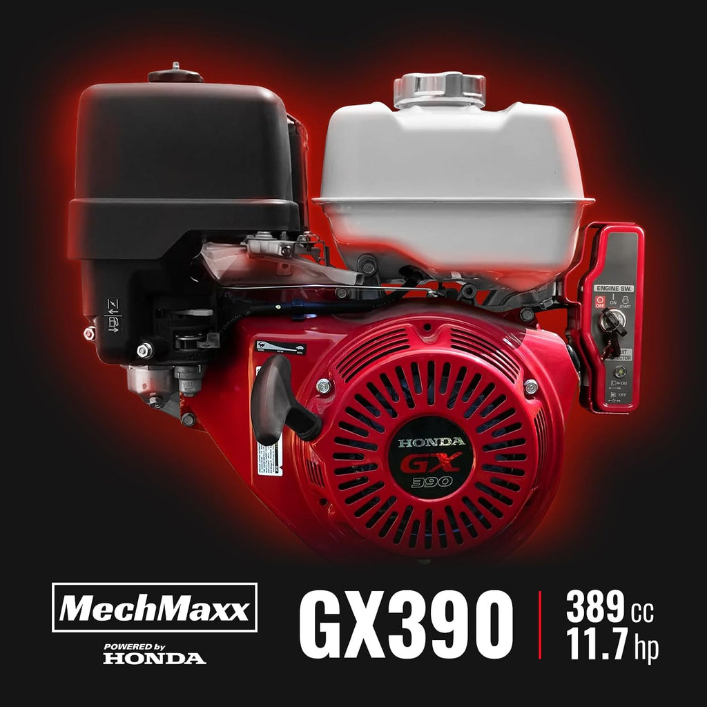 MechMaxx 6'' inch Honda 389cc 11.7HP Electric Start Gasoline Powered Engine 4-Wheels Towable Wood Chipper Shredder Mulcher with Towbar/Tail Light/Emergency Stop Button/Stop Bar, Model B150 Red