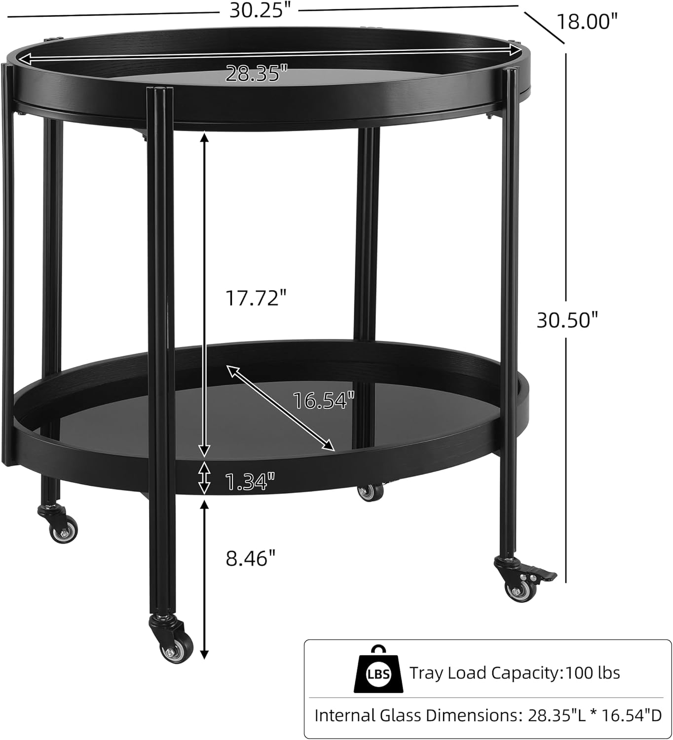 Christopher Knight Home Liz Bar Cart with Wheels, Oval Serving Cart with 2 Tempered Glass Shelves for Home Bar/Kitchen, 2 Tier Storage Drink Trolley, Beverage Cart with Metal and Wood Frame, Black