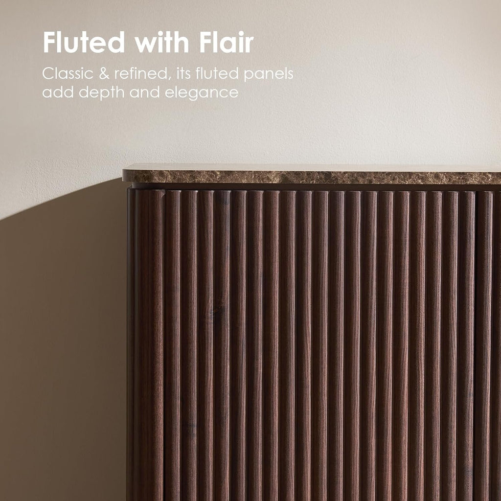 Fluted 2 Doors Sideboard Cabinet with Storage, 34' Wooden Credenza with Shelves, Faux Marble-Top Coffee Bar Console Table, Modern Buffet Cabinet for Dining, Kitchen, Living Room, Entryway, Dark Oak