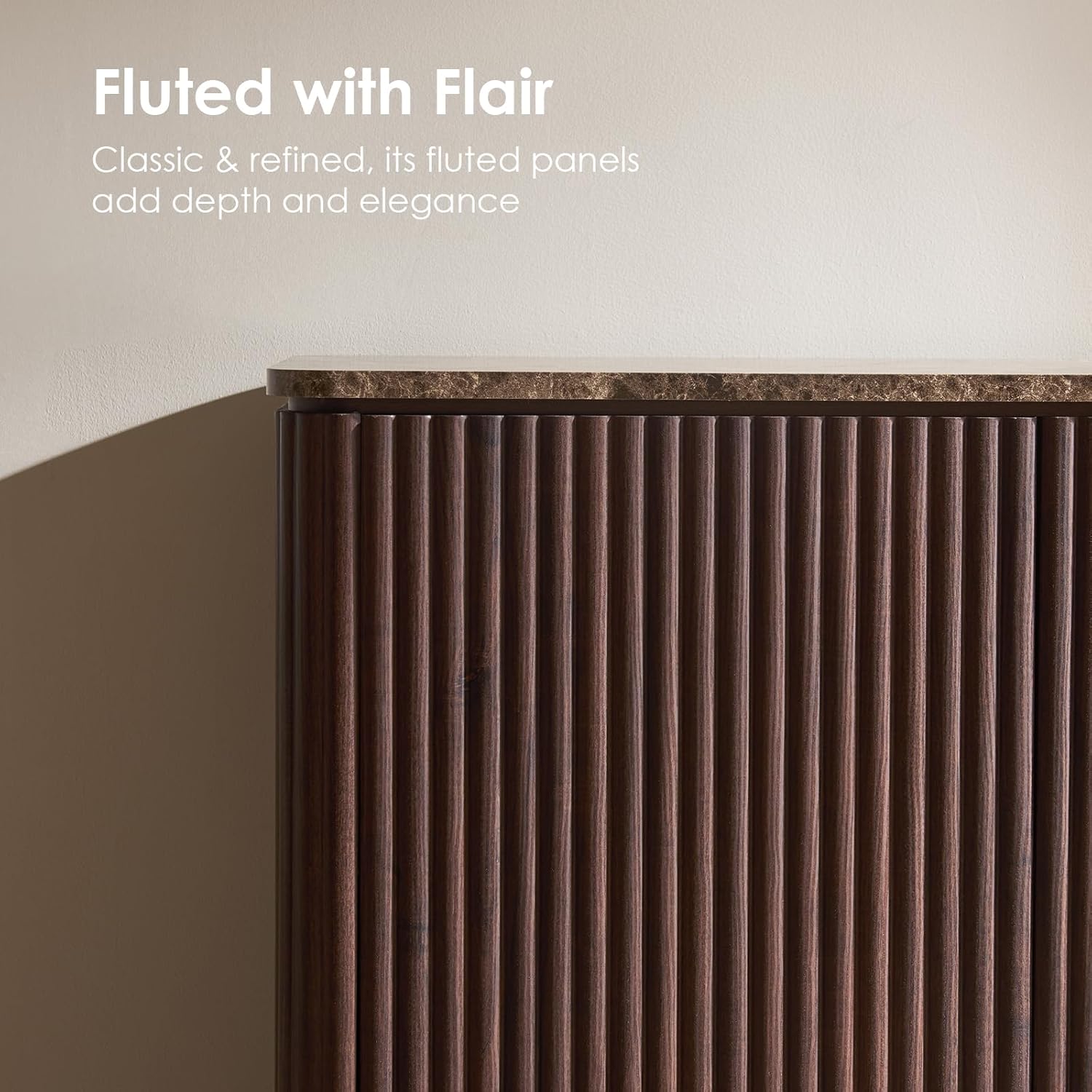 Fluted 2 Doors Sideboard Cabinet with Storage, 34' Wooden Credenza with Shelves, Faux Marble-Top Coffee Bar Console Table, Modern Buffet Cabinet for Dining, Kitchen, Living Room, Entryway, Dark Oak