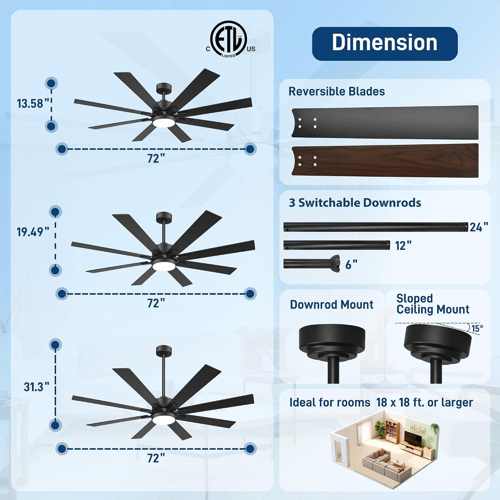 72 Inch Ceiling Fans with Lights and Remote Control, Low Profile & Downrod Mount 8-Blade Modern Black Ceiling Fan, 3CCT Dimmable LED Light, Quiet DC Motor for Bedroom Living Room, ETL Listed