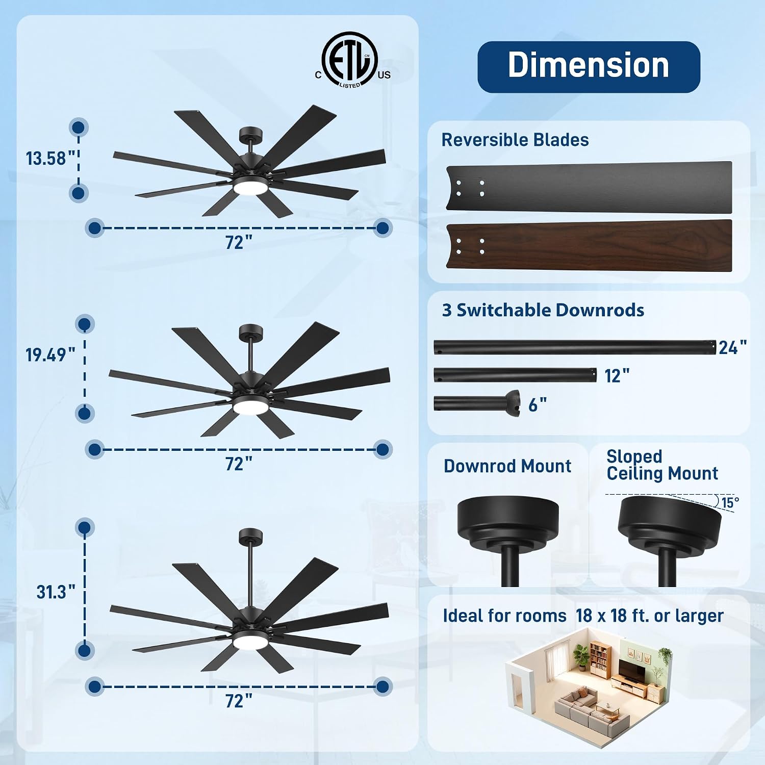 72 Inch Ceiling Fans with Lights and Remote Control, Low Profile & Downrod Mount 8-Blade Modern Black Ceiling Fan, 3CCT Dimmable LED Light, Quiet DC Motor for Bedroom Living Room, ETL Listed
